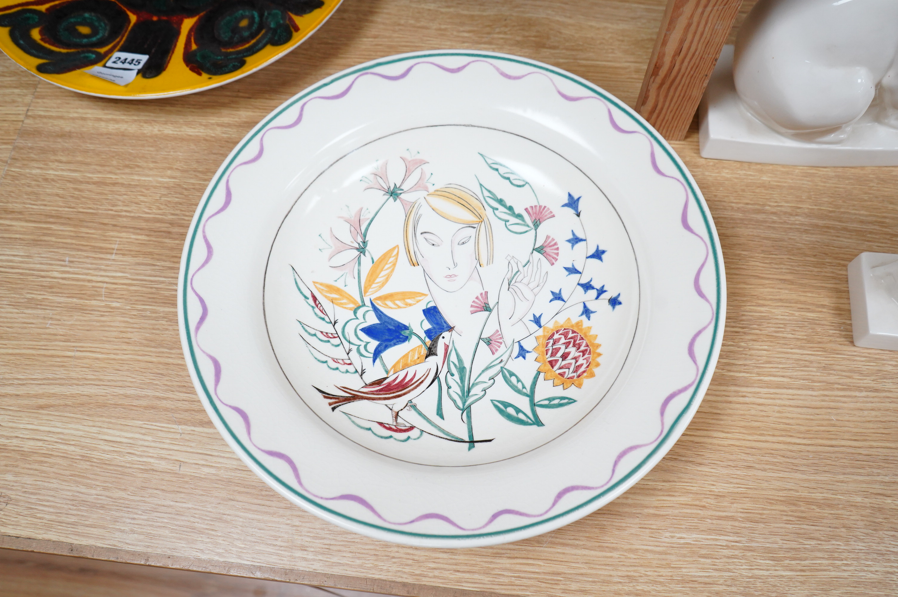 Olive Bourne for Poole pottery ‘sugar for the birds’, a large dish, stamped to the base, 38cm in diameter